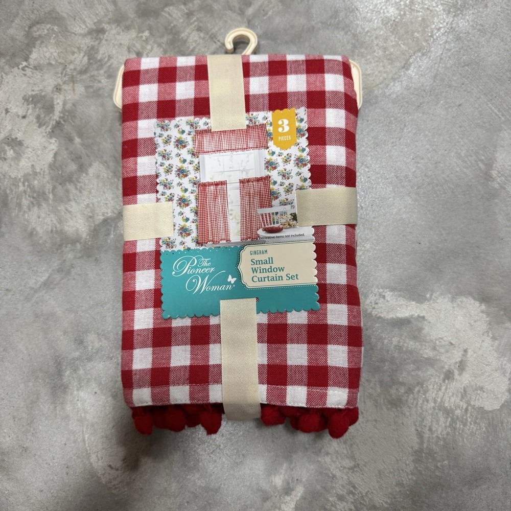 NEW Pioneer Woman 3 Piece Small Window Curtain SET Red White Gingham Cottage